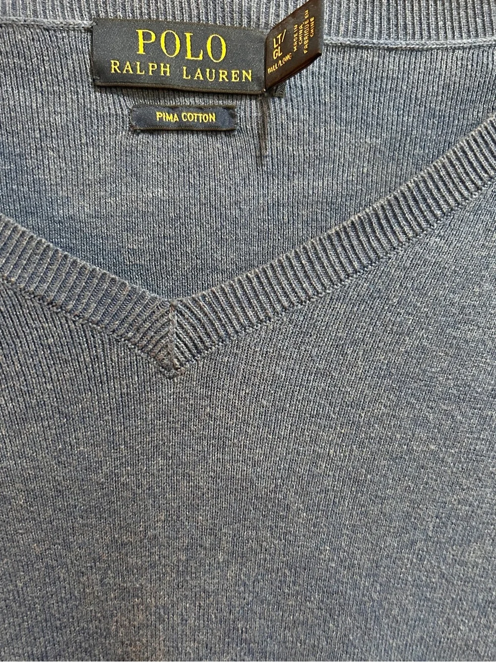 Polo Ralph Lauren Pima Cotton V-Neck Sweater LT Slate Blue Yellow Pony
